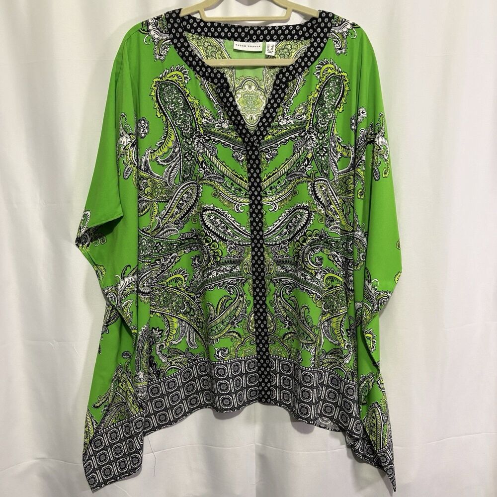 Susan Graver Kaftan Top Green Paisley V-Neck Butterfly Sleeve Womens 1X Tropical